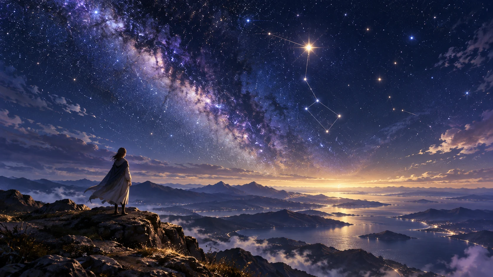 星空のリラとベガを見上げ、新しい道へ踏み出す人のイメージ画