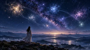 複数の星が輝く夜空を見上げ、出身星の物語を思う人のイメージ画