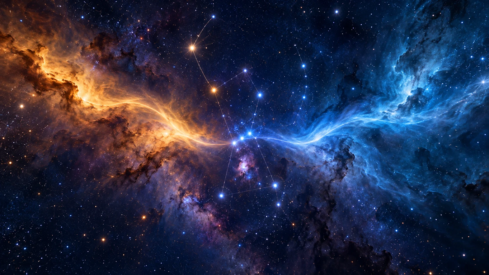 オリオン座の星々と、中央で重なる青と金の光を描いたイメージ画