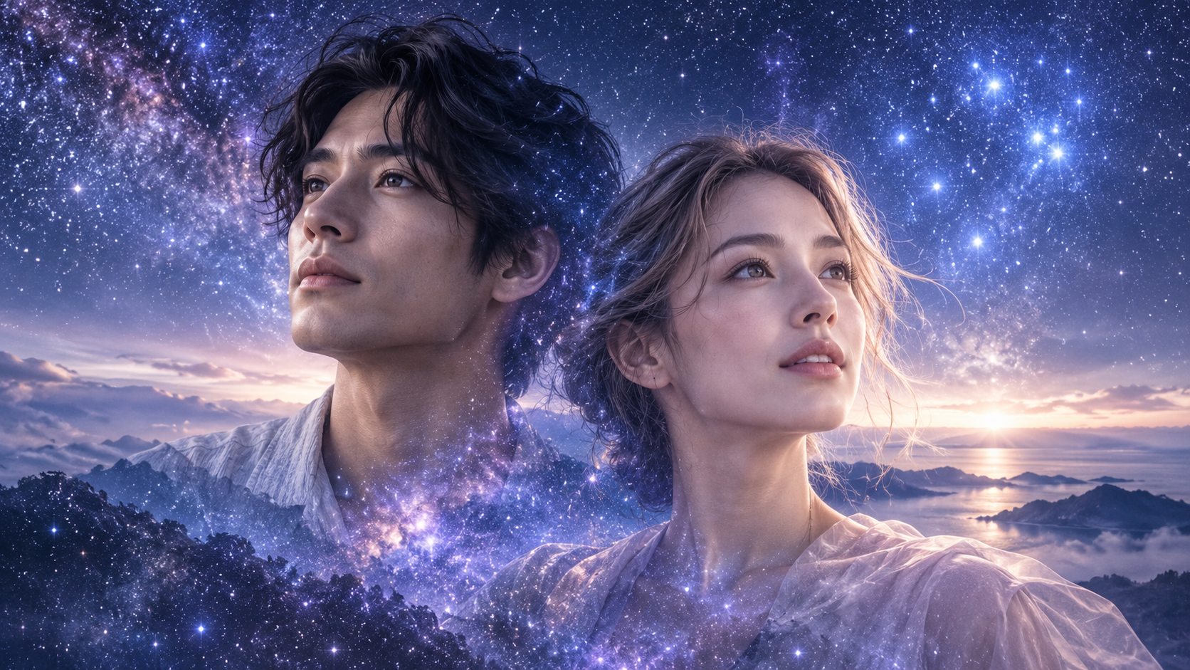 プレアデス星人の見た目をテーマに、異なる雰囲気の二人と星空を描いたイメージ