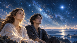 シリウスの星空を見上げる、雰囲気の異なる二人の人物のイメージ