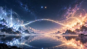 星空の下で青い光と暖かい光がつながる、知性と感情のイメージ画